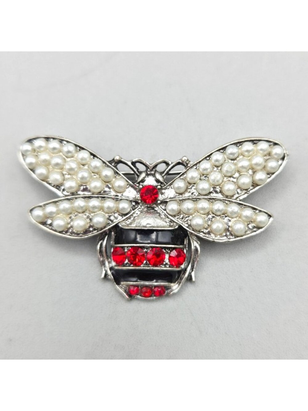 Vintage Bee Shaped Rhinestone Faux Pearl Brooch Pin Red Black Insect Jewelry